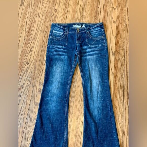 VTG 2000s y2K Hydraulic Metro Low Rise Flare jeans Dark Whisker Stretch 11/12 - Picture 10 of 12